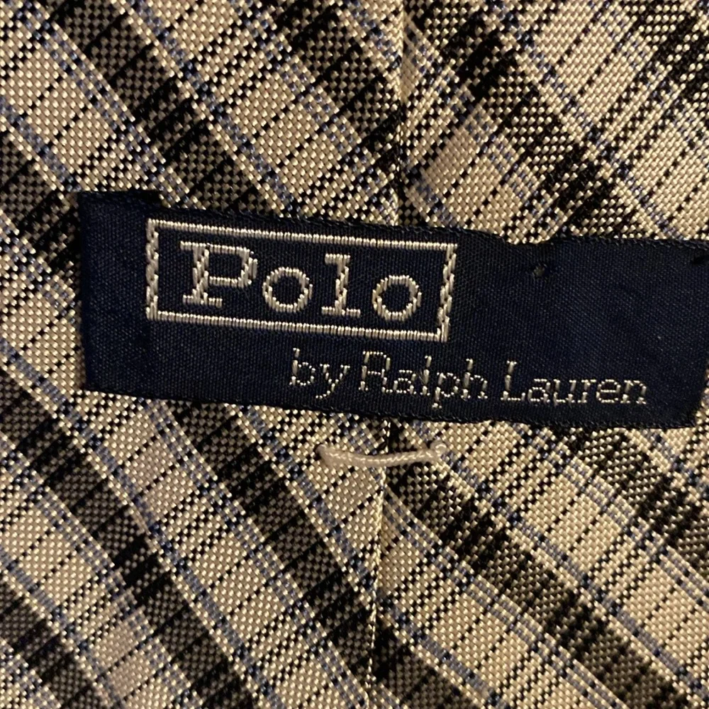 Polo Ralph Lauren Men’s Beige Black Plaid Tie Blue Label Classic Necktie